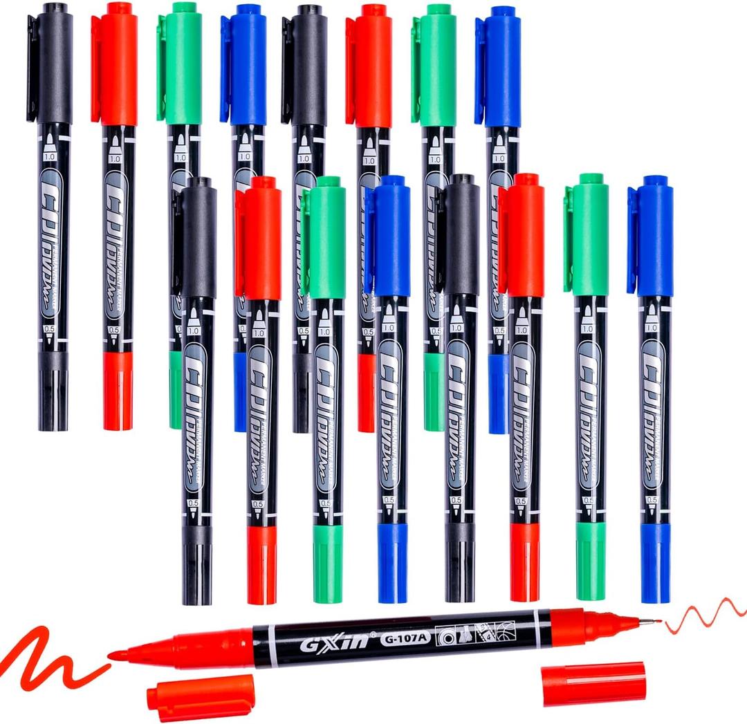 Dual Tip Permanent Markers, 16 Pack, Fine & Ultra Fine Tip, Fine Tip Permanent Markers, Quick Drying, Works on wood, Paper, Plastic, Metal and Glass, for Home, Office and School use (16)