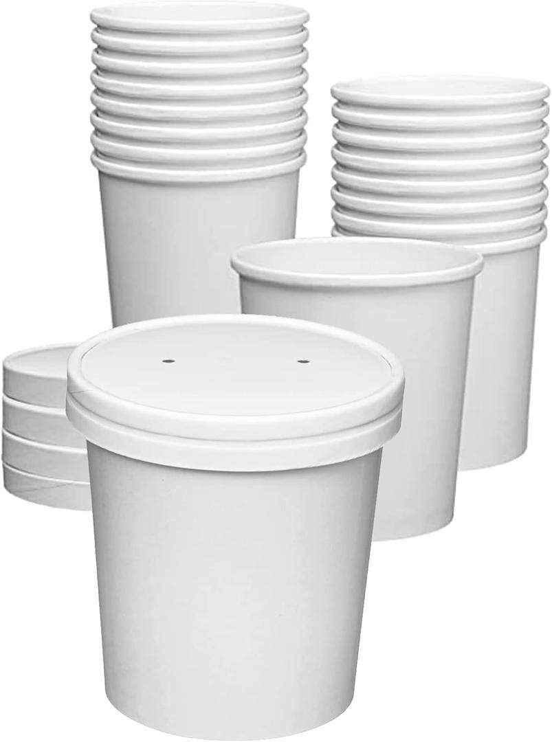 24 oz White Paper Food Containers with Vented Lids, Disposable Hot Soup Bowls and Ice Cream Cups, 32 Sets