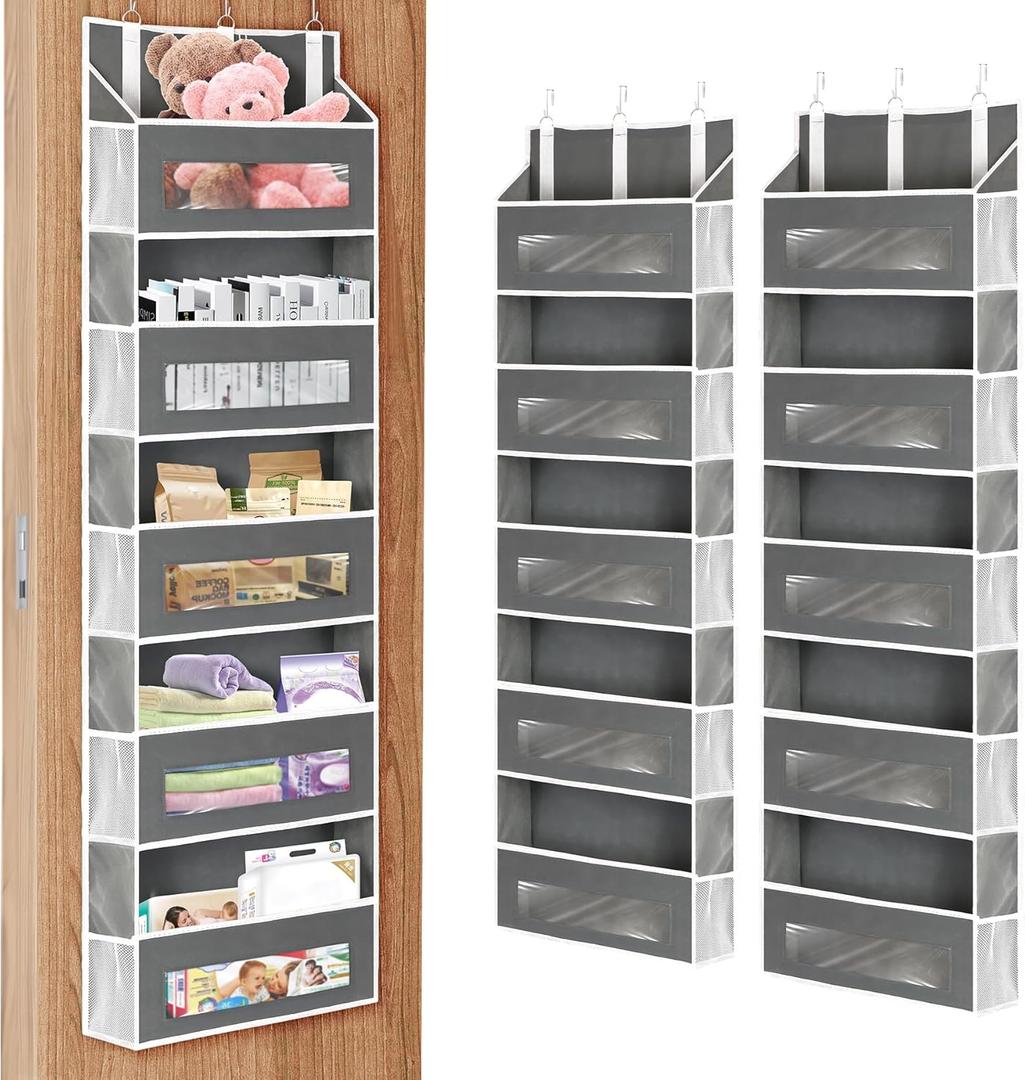 2 Packs 5-Tier Over The Door Organizer with 10 Side Mesh Pockets, 48 lbs Load Capacity, 3 Hooks Design, Hanging Organizer with Clear Windows for Bathroom, Bedroom, Nursery, Kitchen-Grey