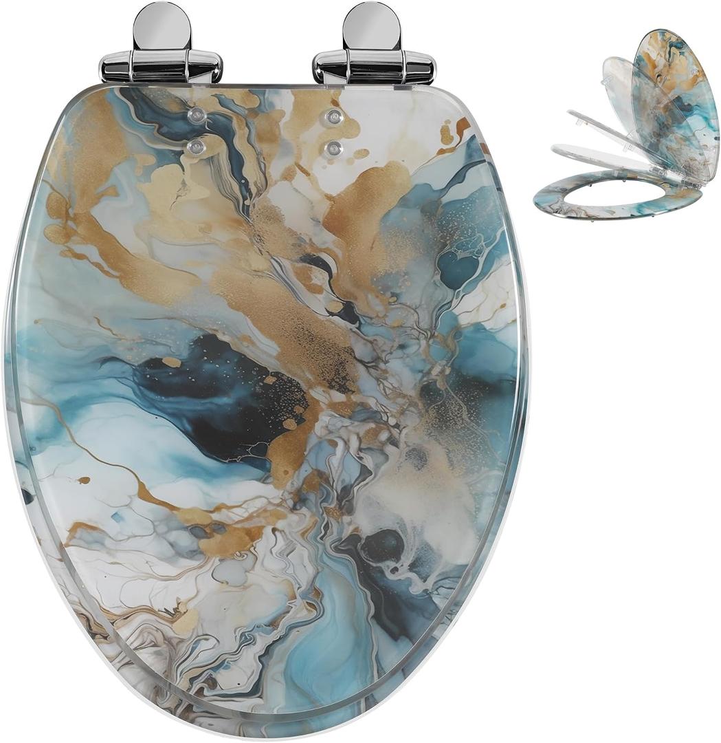 Angol Shiold Marble Elongated Resin Toilet Seat Soft Close Quick Release Metal Zinc Alloy Hinge Easy to Install also Easy to Clean, Decorative Acrylic Seats (19 Inch, Modern Green Marble Art Print)