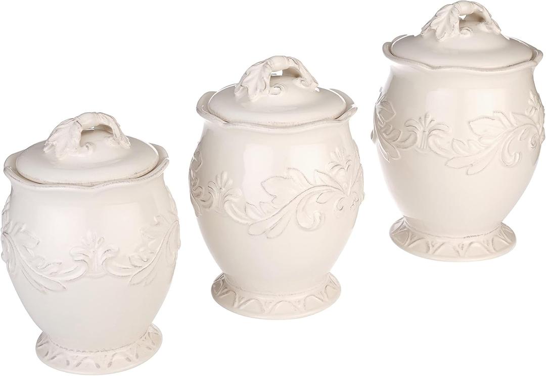 Firenze Ivory 3-Piece Ceramic Canister Set with Lids  Elegant Kitchen Storage Jars for Flour, Sugar, Coffee or Tea  Vintage White Countertop Dcor for Farmhouse or French Country Homes