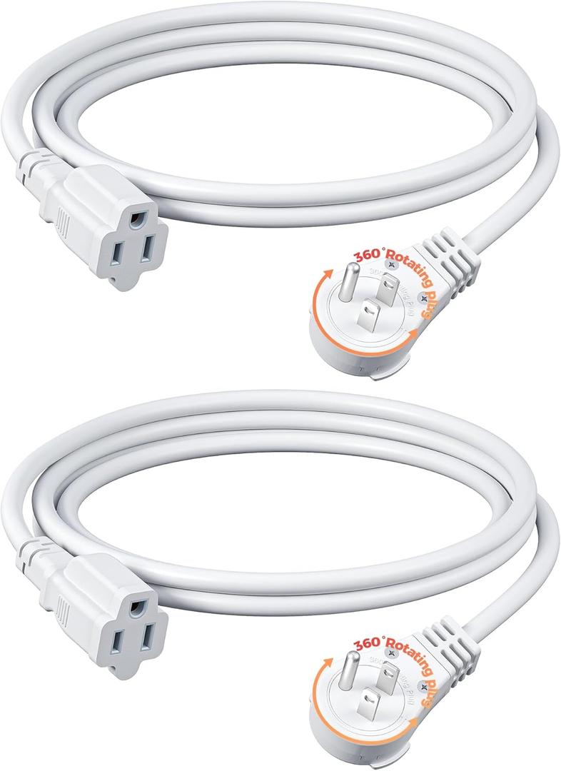 DEWENWILS 360 Rotating Flat Plug Extension Cord 6FT, 16/3 Gauge 3 Prong Grounded Power Cord, 125V/13A/1625W, Space-Saving Size for Indoor Narrow Space, ETL Certified, 2 Pack, White