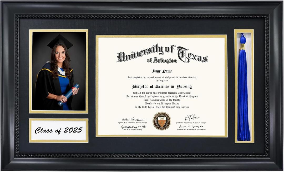 GMFrames Class of 2025 2026 Diploma Frame with Tassel Holder for 8.5x11 Certificate and 5x7 Photo,Solid Wood,Tempered Glass,Black over Gold Mat