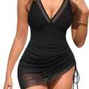 Edelqual Women One Piece Swimsuit Tummy Control Swim Dress Bathing Suit Mesh Sheer Slimming Sarong Wrap Sexy Swimswear (Large, Black)