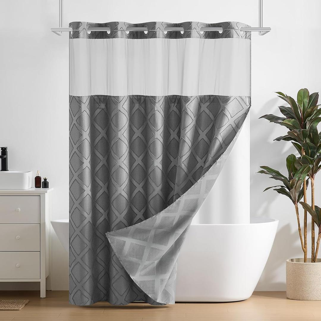downluxe No Hook Shower Curtain with Snap in Liner,Grey Waffle Fabric Shower Curtain Set for Bathroom,Hotel Style Double-Layer Waterproofing Curtains 71W x 74L