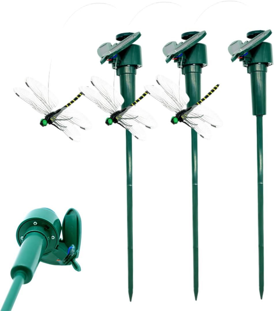 3Pcs Dragonfly Clip Bug Repellent, Realistic PVC Dragonfly Garden Stakes Model Toys, Solar Powered Rotating, Stable and Weather-Resistant Garden Ornaments