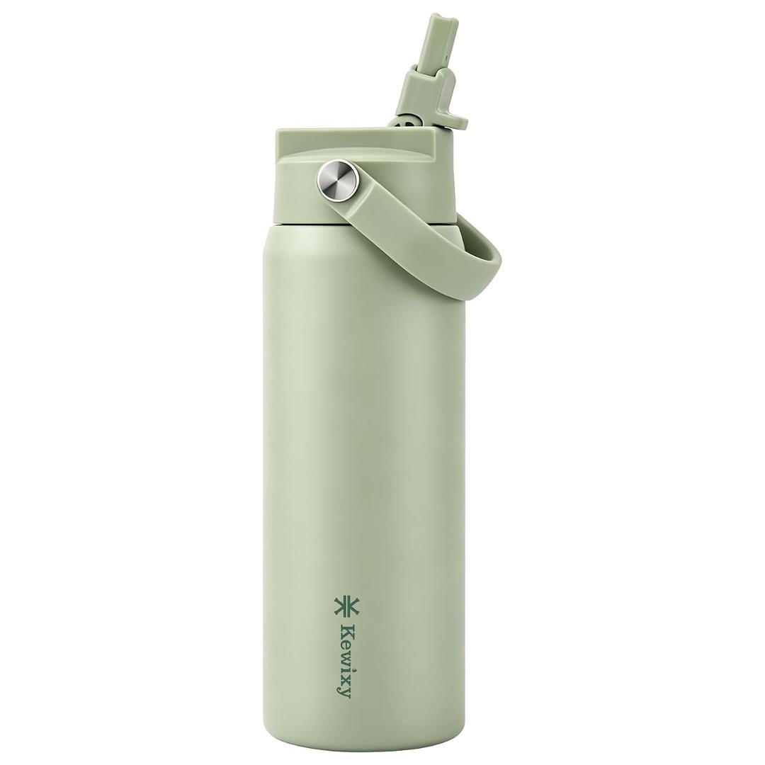 KEWIXY 24 oz Insulated Water Bottle with Straw, Easy Slide Lid, Leak Proof, Keep Cold 24H, Vacuum Insulated Tumbler, Metal Stainless Steel with Handle, Sage
