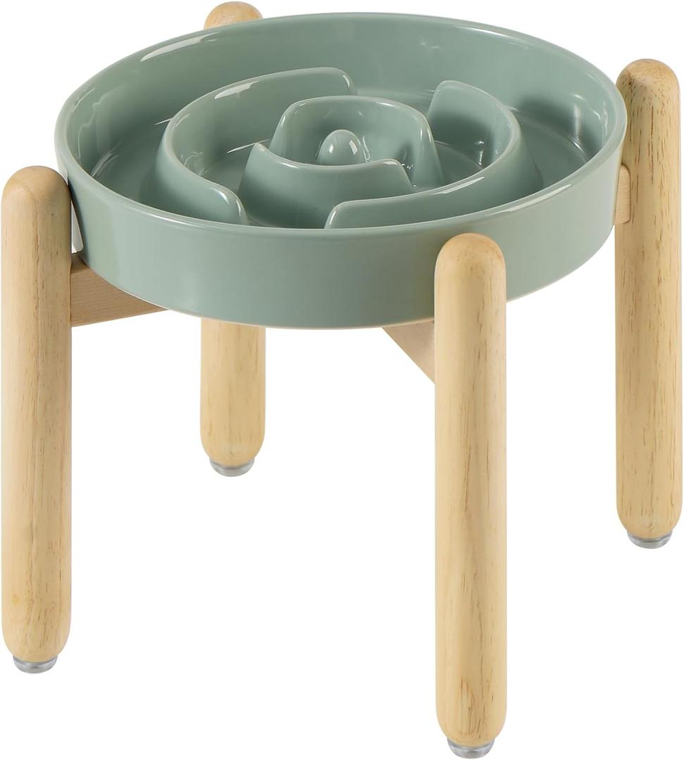 Havniva Ceramic 1.6 Cup Raised Slow Feeder Dog Bowl Set, Elevated Wooden Stand for Medium and Large Dog, 8.2inch Puzzle Slow Dish, Anti-Gulping(Light Green, Single Bowl+ Stand)