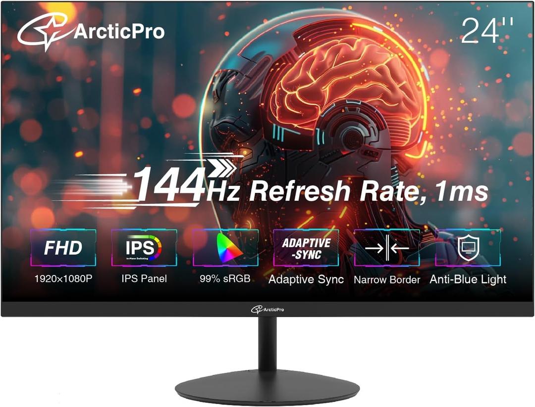 ArcticPro 24inch Computer Monitor, FHD 1080p, 144Hz Office and Gaming Monitor, IPS, Adaptive Sync, 110% sRGB, 1ms, 3-Sided Frameless, Ultra Slim, VESA Mountable, Anti-Blue Light Design, HDMI, DP
