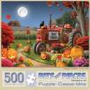 Bits and Pieces  500 Piece Jigsaw Puzzle for Adults  Happy Hollow - Halloween Farm Pumpkin Jack - O - Lantern Tractor Cat Fall Autumn Flower Corn Moon Night Jigsaw Puzzle by Artist Alan Giana