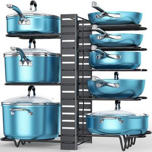 ORDORA 8 Tier Pot and Pan Organizer Rack for Cabinet With 3 DIY Methods, Adjustable Organizer for Pots, Pans and Lids (1A-16.5"H-Non Slip)