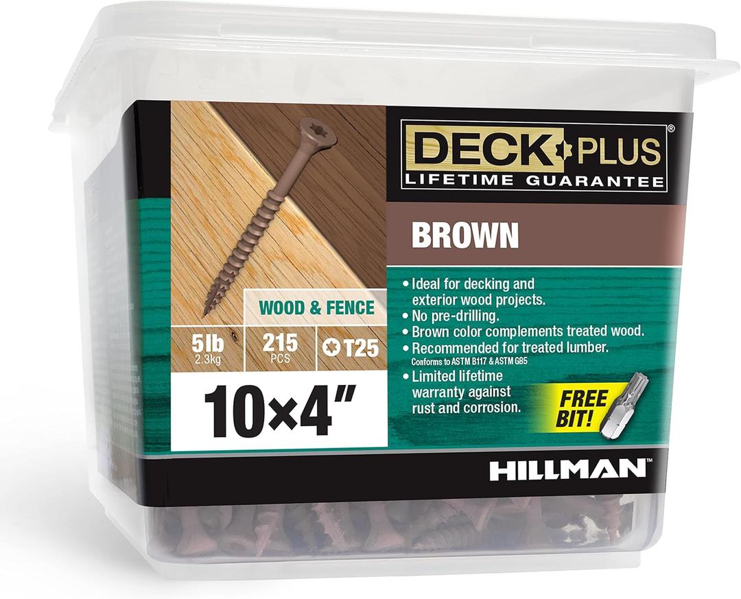 Deck Plus 4 Inch Epoxy Coated Exterior Wood and Fence Screws #10 x 4 Torx/Star Drive Included Coarse Thread, Outdoor Rust Resistant Decking Screw, Brown, 5 lb Box, 215 Pieces | 49014