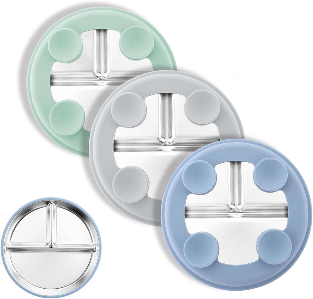 Bakpoco 8" Stainless Steel Toddler Plates with Suction, Divided Plates with Removable Silicone Sleeves for Baby, Non Toxic & BPA Free |Unbreakable |Dishwasher Safe Dinnerware Set of 3, Blue Gray Sage