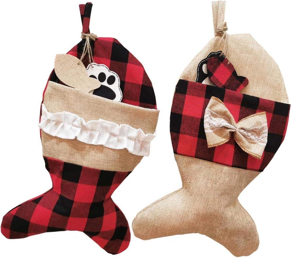 Pet Christmas Stockings for Cats Burlap Plaid Holiday Hanging Fish Socks Fireplace Tree Christmas Decoration