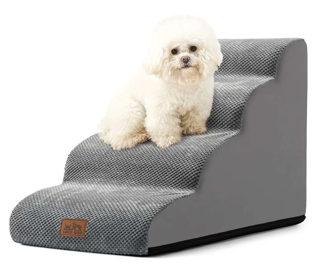 Dog Stairs for Small Dogs 19.7" H, Curved Dog Step for Puppy, Older or Cat, Medium Pet Ramp for Sofa, Couch or Bed, Ladder with High Density Foam, 15.7x28.3x19.7 inch, 4 Step, Grey