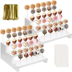 2Pcs Wood Cake Pop Display Stand, White Lollipop Holder 3 Tier with Twist Ties Lollipop Sticks, 33 Holes Sucker Storage Rack for Dessert Table of Wedding Birthday Party Christmas Day (B)