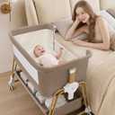 4-in-1 Baby Bassinet, Portable Bassinet Bedside Sleeper with Mosquito Net | Bassinet with Wheels and Storage Basket, 7 Height Adjustable, Rocking Bassinet for Newborn-Khaki
