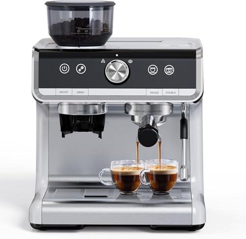 GarveeTech Semi-Automatic Espresso Machine - 1450W/20 Bar Professional Coffee Machine, 30 Grinder Settings, Fast Heating, Milk Frother Steam Wand, Home & Hotel Use, silver gray