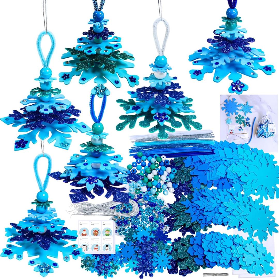 Winlyn 24 Sets Christmas Craft Kits Winter Crafts DIY 3D Snowflake Tree Ornaments Decorations Art Sets Foam Snowflake Christmas Arts and Crafts for Kids Holiday Classroom Art Activities Party Favors