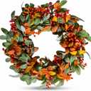 24 Inch Artificial Fall Wreath for Front Door, Autumn Wreath with Yellow Leaves, Grey Lamb's Ear & Orange Berries, Farmhouse Fall Decor for Harvest Thanksgiving Home Window Wall Decoration