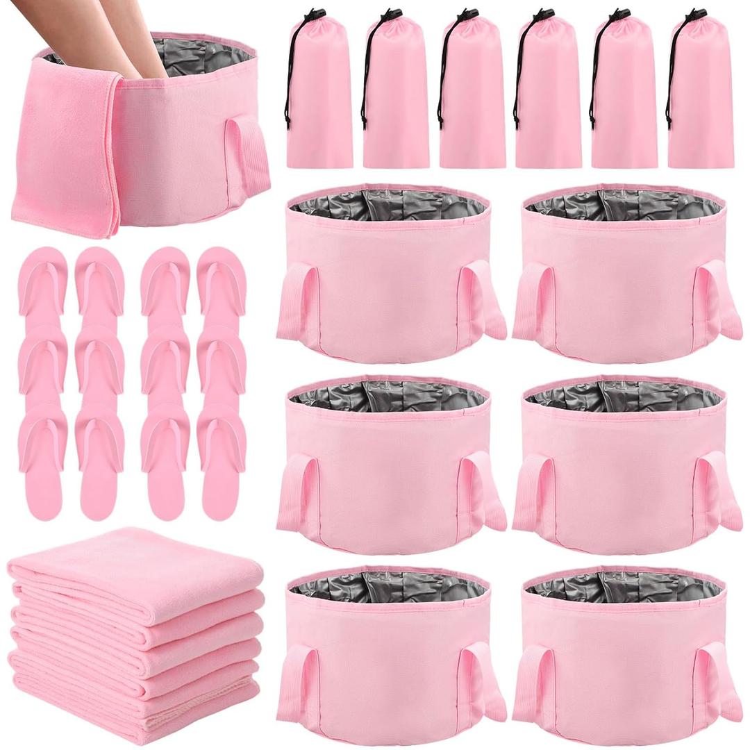 FillTouch 6 Sets Pink Foldable Foot Bath Kit with 15L Foot Soaking Tub Collapsible Towels Women Adult Foldable Slippers Portable Bag Spa Soak Pedicure Bath for Spa Party Sleepover Party Supplies
