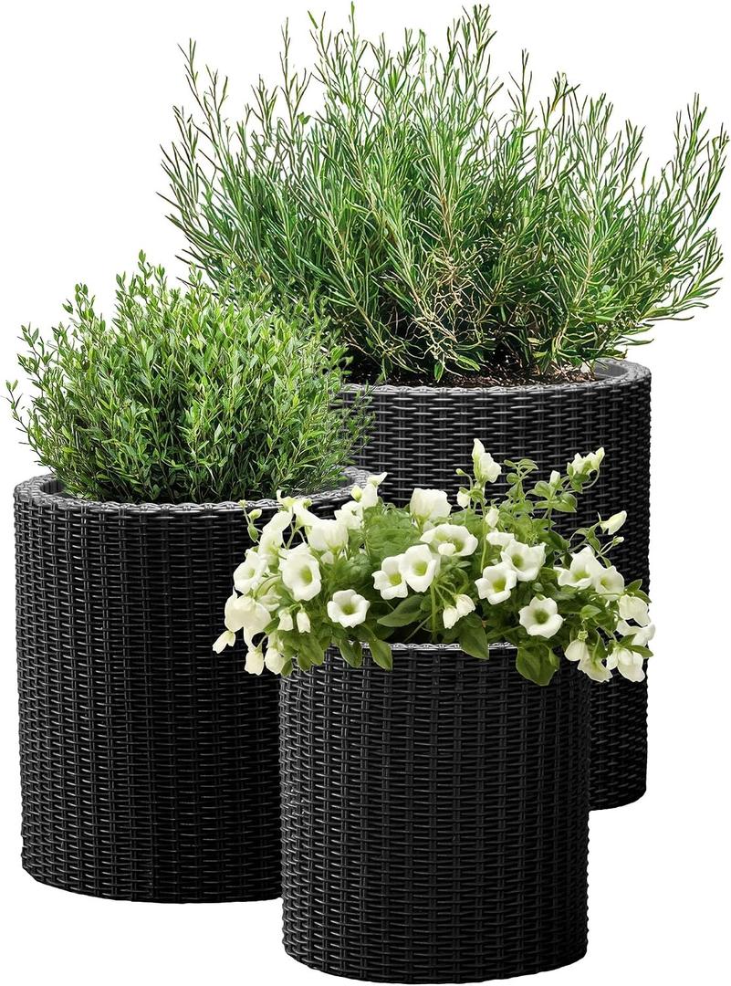 Keter Cylinder Set of 3 Rattan Resin Planter for Indoor and Outdoor Plants Ideal Decorative Planter for Porches and Patio Decor, Black
