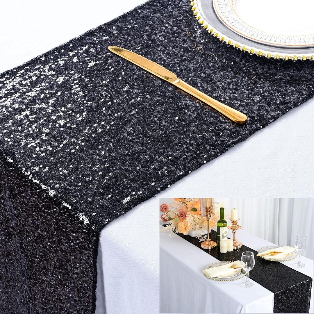 ShiDianYi 12X72-Inch Black Sequin Table Runner Glitter Table Runner for Parties Sparkly Table Cover for Wedding Reception Table Linens for Dining Holiday Event Table Decor