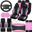 Fabbay 21 Pcs Car Seat Covers Full Set Car Floor Mats Steering Wheel Cover Armrest Seat Belt Pad Seatbelt Cup Mats Emblem Ring Sticker for Sedans Trucks SUV(Black, Pink)