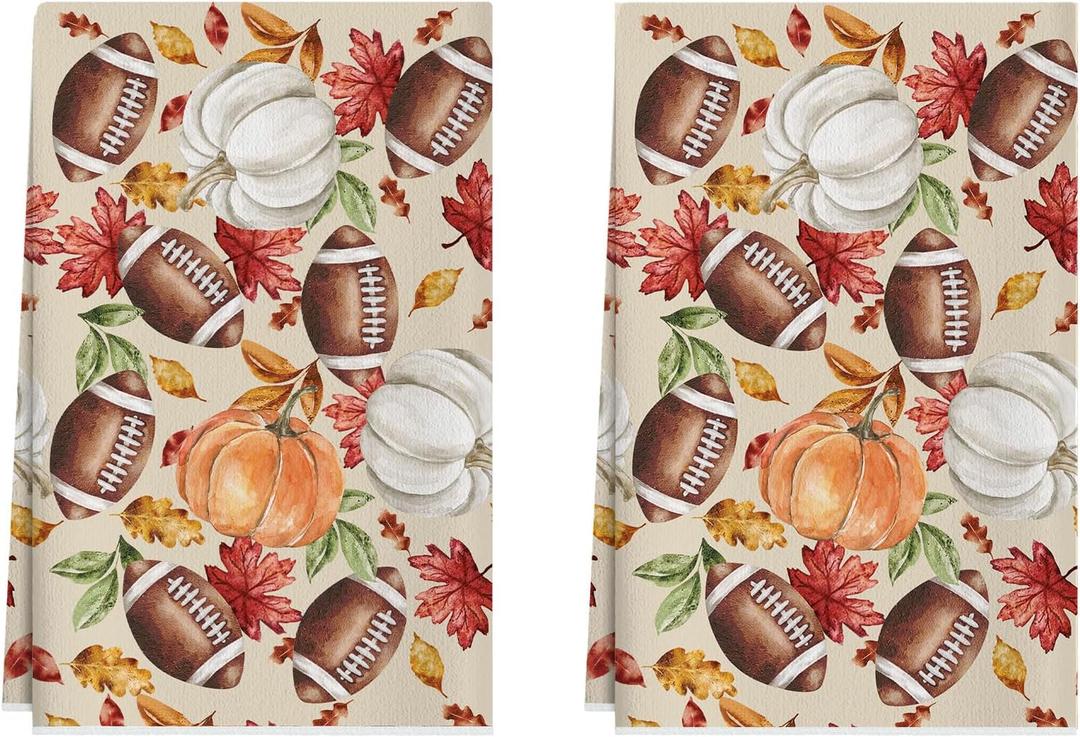 XCHI Fall Pumpkin Football Color Malpe Leaves Dish Towels 18x26 Inch Hand Kitchen Towels Dishcloth Home Decorations Set of 2