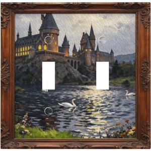 Decorative Art Light Switch Covers Castle & Swans 2 Gang Double Toggle Wall Plate Decorative Switchcover Electrical Switchplate for Home Decor