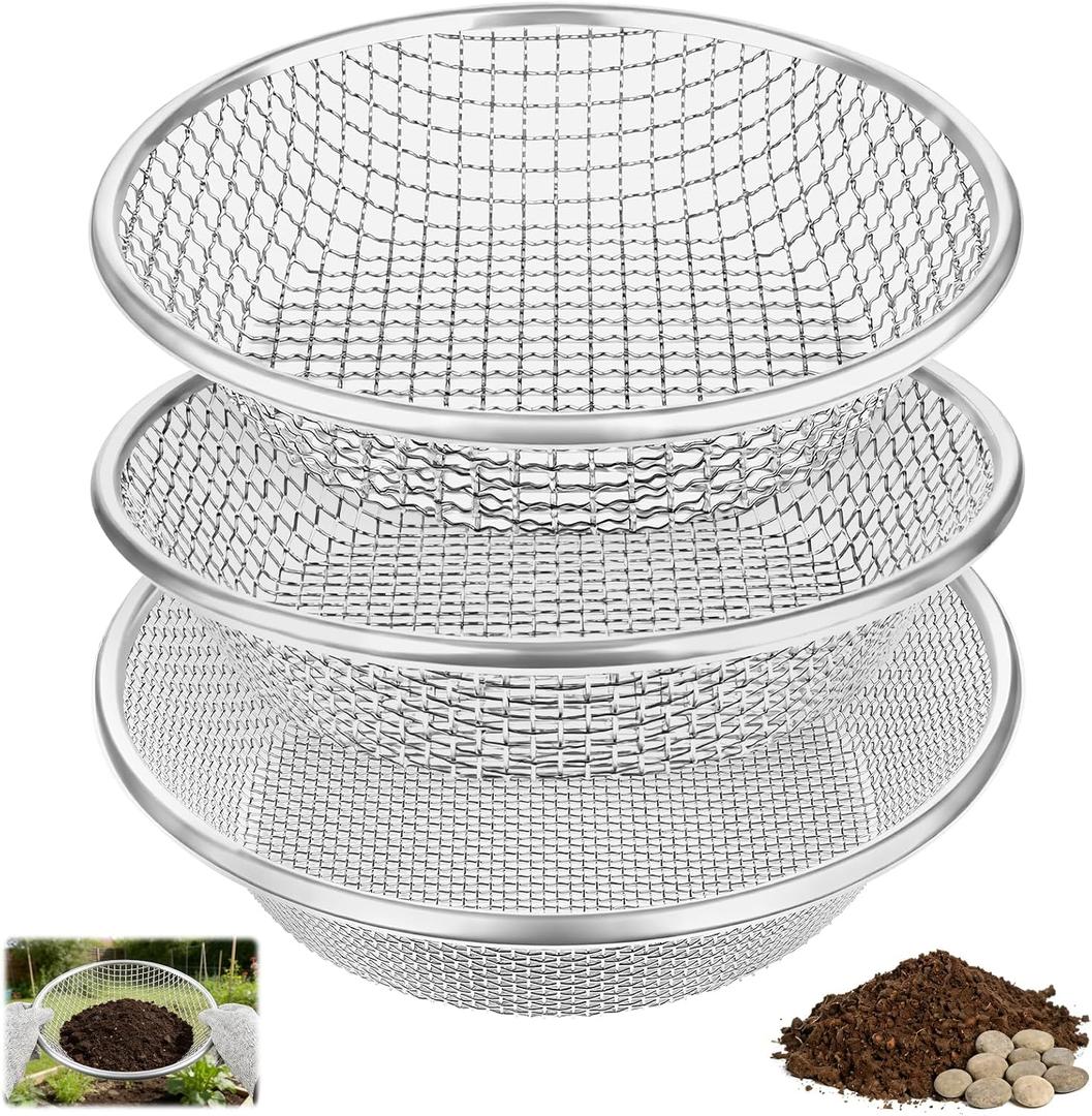 3PCS Soil Sifter for Gardening, Heavy Duty Rock Sieve Fits 5 Gallon Bucket, 1/4 Inch, 1/8 Inch, 2/5 Galvanized Garden Sifter Compost Dirt Sifter, Sand Gravel Sawdust