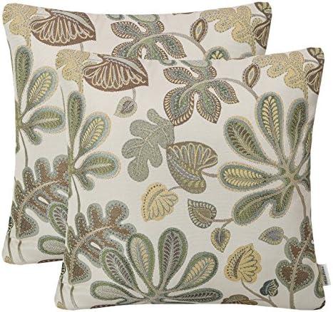 Mika Home Set of 2 Jacquard Tropical Leaf Pattern Throw Pillow Covers Decorative Pillowcase 20X20 Inches, Green Cream