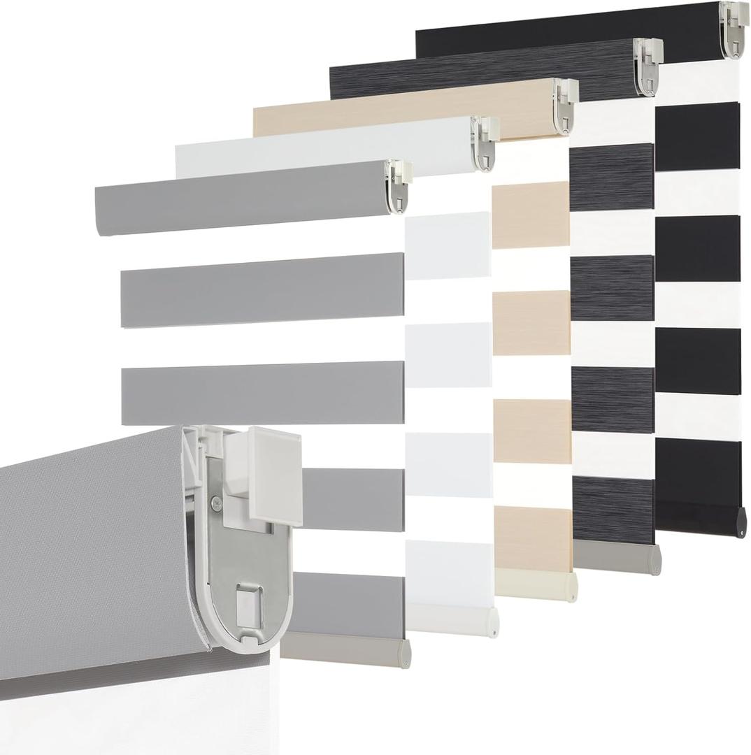 Persilux No Drill No Tool Custom Size Zebra Blind Dual Layer Privacy for Day and Night Window Blinds Light Filtering Cordless Windows Shades for Windows,Easy to Install Thermal Insulated,Light Grey