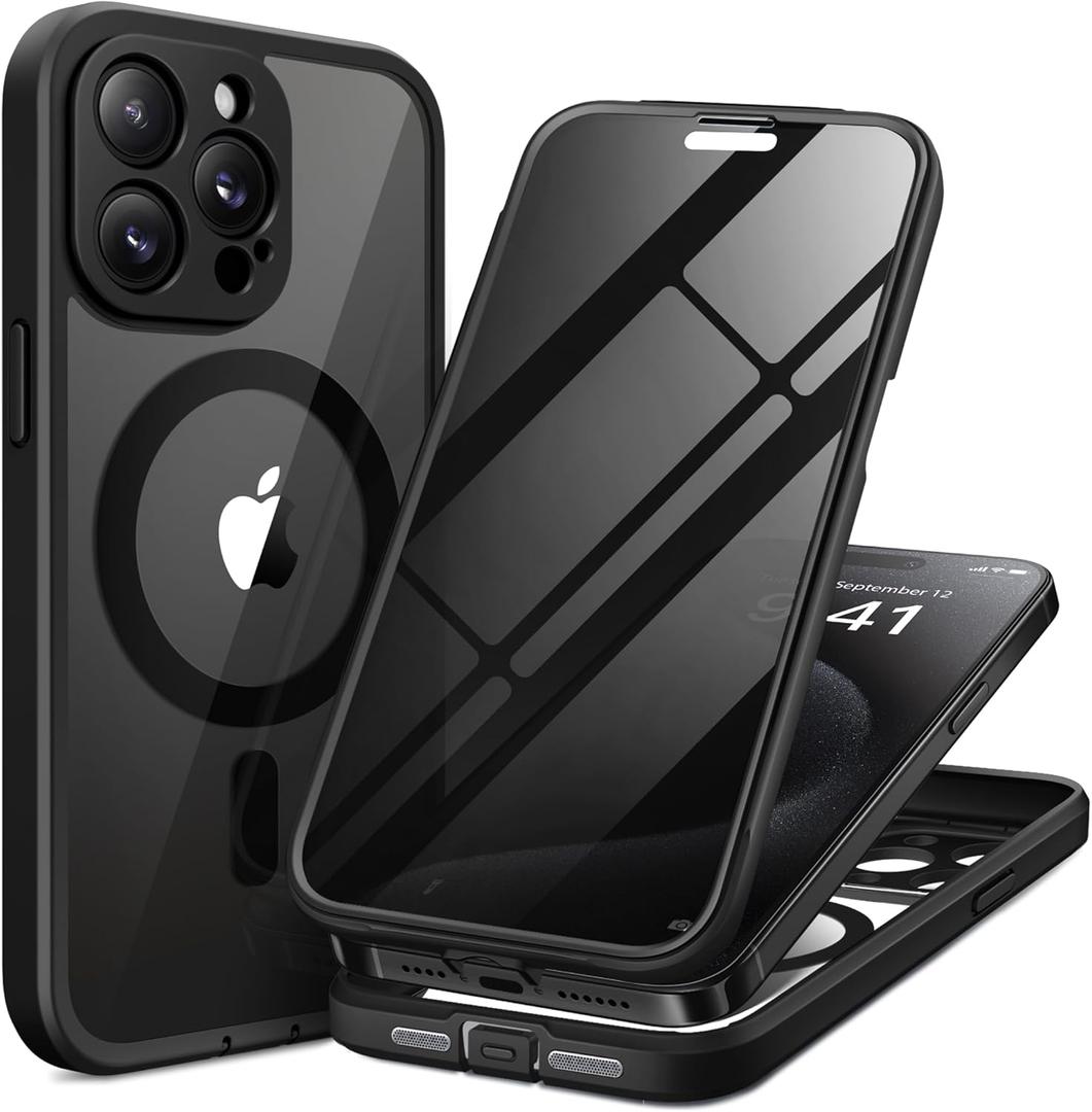 TIESZEN for iPhone 15 Pro Max Case, Compatible with MagSafe, Built-in Privacy Screen Protector and Camera Protection, Anti Spy Full Body Dustproof Shockproof Hard Phone Case 6.7", Black