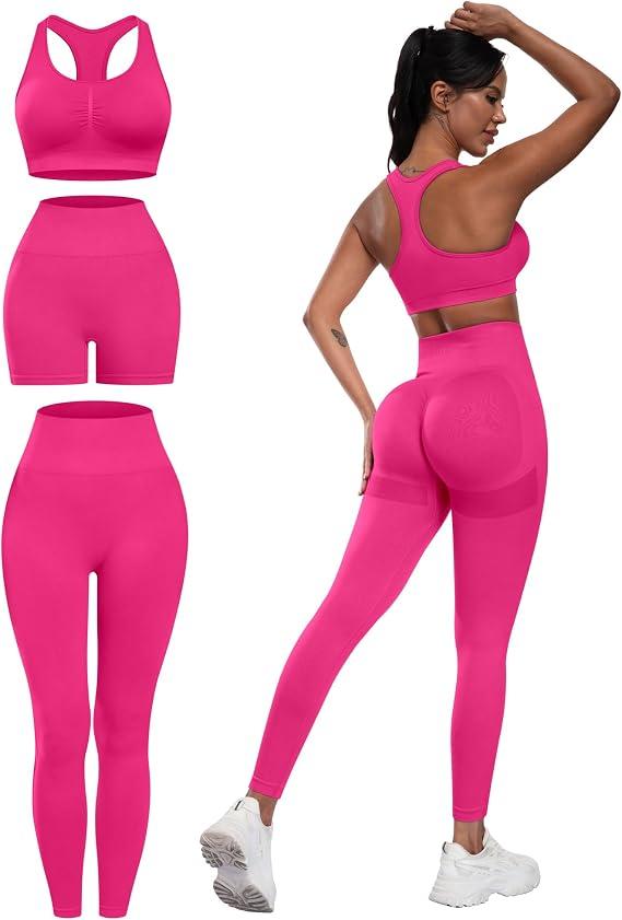 3 Piece Workout Sets for Women Butt Lifting Leggings with High Impact Sports Bra Gym Shorts M
