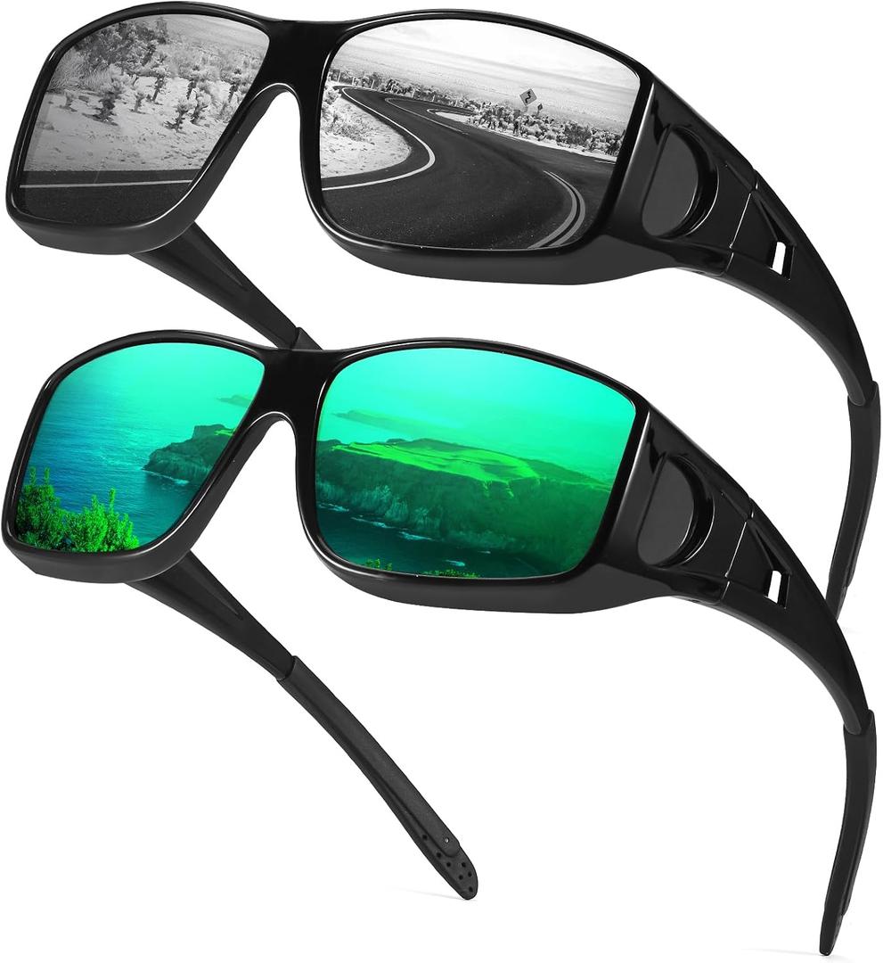 Myiaur Polarized Fit Over Glasses Sunglasses for Men Women, Trendy Wrap Around Sunglasses UV Protection for Driving (2 Pack)