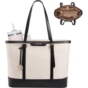 LOVEVOOK Work Tote Bag for Women 17.3 Inch Laptop Computerk Bags with Cup Holder, Large Teacher Bag Briefcase for Business Office Travel Black-White, Nylon&PU