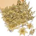 Zhuqing 22Pcs Christmas Poinsettia Artificial Flowers and Glitter Berries Stems Kit, 16Pcs Christmas Tree Flowers Ornaments and 6 Pack Christmas Tree Picks for Wedding Holiday Decorations (Gold)
