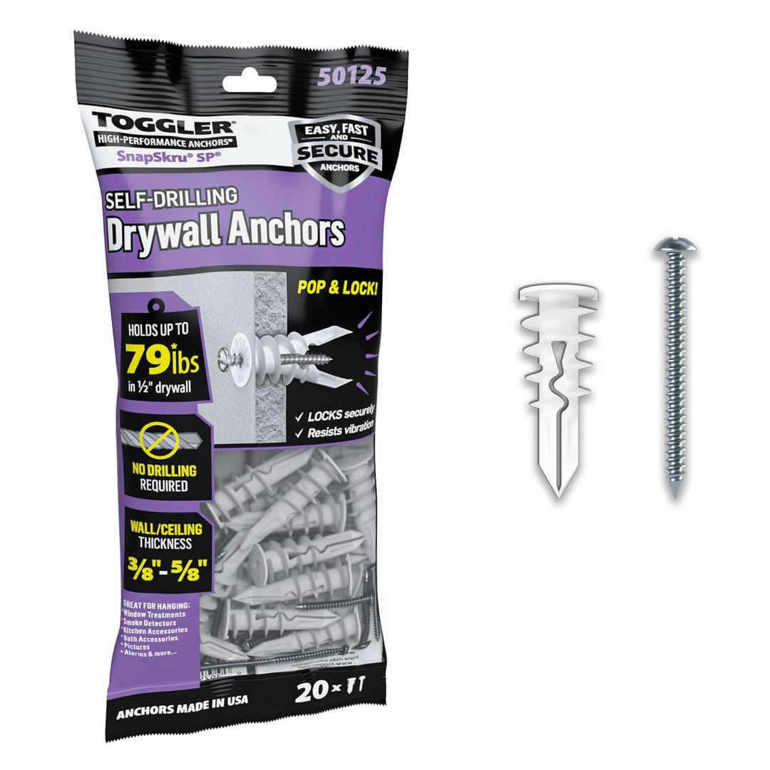 TOGGLER SnapSkru SP Self Drilling Drywall Anchor for Hollow Walls Application, Glass Filled Nylon, Made in USA, Wall Anchors with Screw, Anchors Kit for #6 to #10 Fasteners, (20 Pack w/Screws)