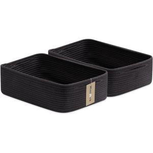 MiniArk Large Shallow Organizing Baskets 15x11x5.1 Inches - Rope Woven Storage Bins for Bathroom, Shelves, Cube Closet, Black 2 Packs