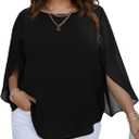 SCOMCHIC Plus Size Blouses for Women Summer Chiffon 3/4 Sleeve Tunic Tops Dressy Scoop Neck Casual Loose Flowy Shirts (Black)