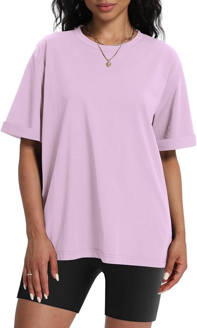 Womens Oversized T Shirts Crewneck Rolled Short Sleeve Tops Summer Casual Basic Workout Tee Shirts (Pink, M)