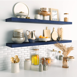 Habudda Floating Shelves, Wall Decor Wood Shelf for Bathroom Bedroom Kitchen Living Room Hanging Mounted Storage, Extra Long 35.5 Inch Set of 2, Wooden Rustic Navy Blue