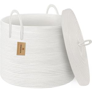 18" X 18" X 14" Extra Large White Basket with Lid, Woven Cotton Rope Basket for Blankets for Living Room, Kids Toy Storage Bin, Wicker Bathroom Towel Storage, All White Bins for Organizing