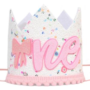 First Birthday Crown for Baby Girl, Pink and White Glitter Crown with Bow, Party Headband