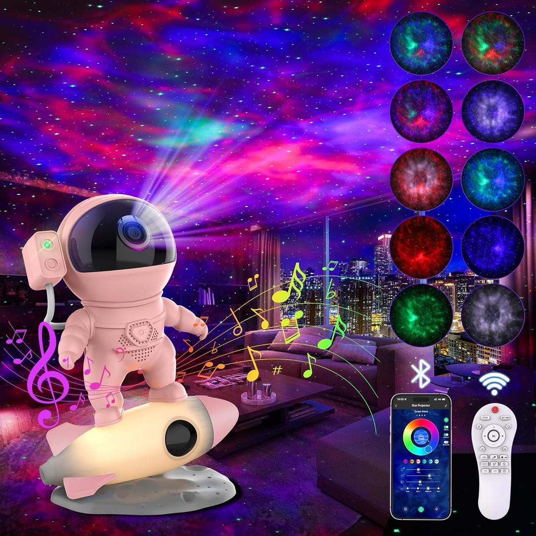 Astronaut Galaxy Projector for Bedroom, Star Projector Galaxy Light with App & Remote Control, White Noises, Bluetooth Speaker, Rocket Night Light for Kids, Ceiling, Gifts, Room Decor (Pink)
