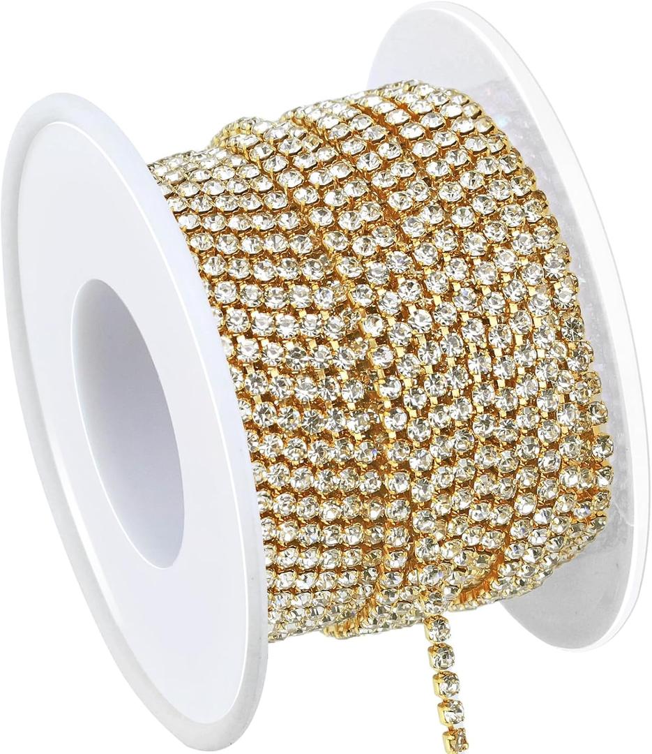 Dowarm Rhinestone Chain Roll - 10 Yards, Crystal Rhinestones, Close Chain, Sew On Trim (Gold, SS6 2MM)