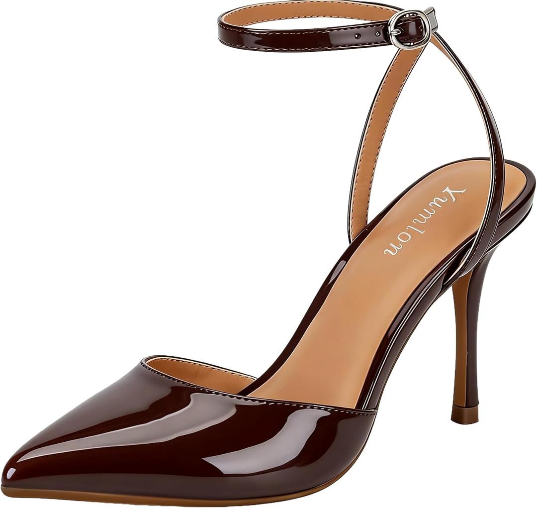 Closed Toe Slingback Heels Wedding High Stiletto Heel for Women Pumps 3.3 Inch Ankle Strap Pointed Toe Heels (8, Brown Patent)