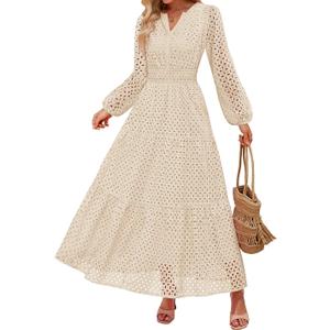 ZESICA Women's 2026 Spring Long Sleeve Maxi Dress V Neck Hollow Out Eyelet A Line Long Flowy Casual Party Dresses (Beige, L)