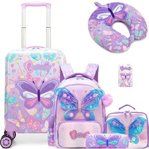 Kid's Luggage Set 5 Piece Suitcase Set 16" Hardside Luggage with Spinner Wheels Girls Carry on Toddler Travel Rolling Suitcase with Neck Pillow Airline Approved, 05 Butterfly